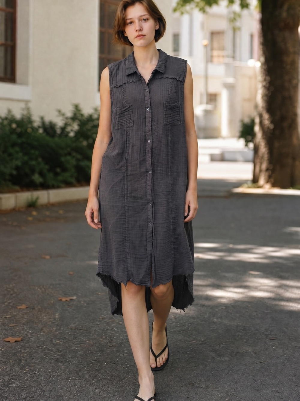 Rock & Republic Sleeveless High-Low Button Front Dress in Charcoal
